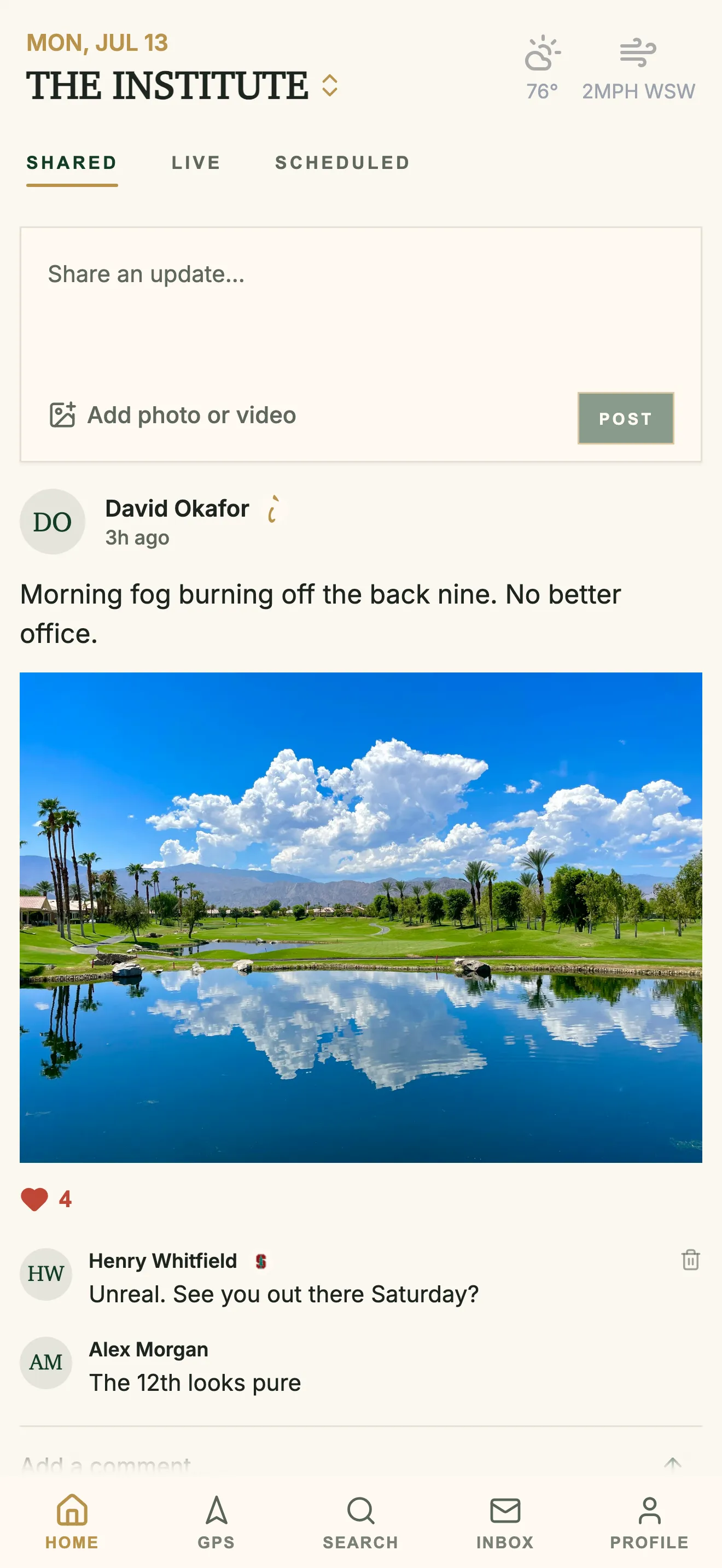GolfCore feed with shared rounds and club activity
