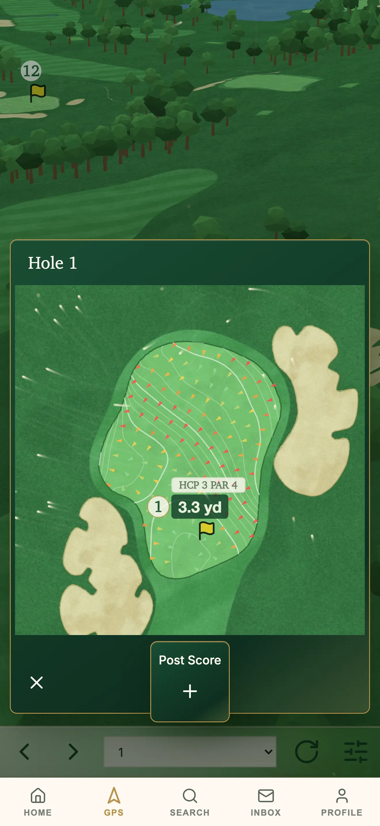 GolfCore green map with contours and fall-line arrows