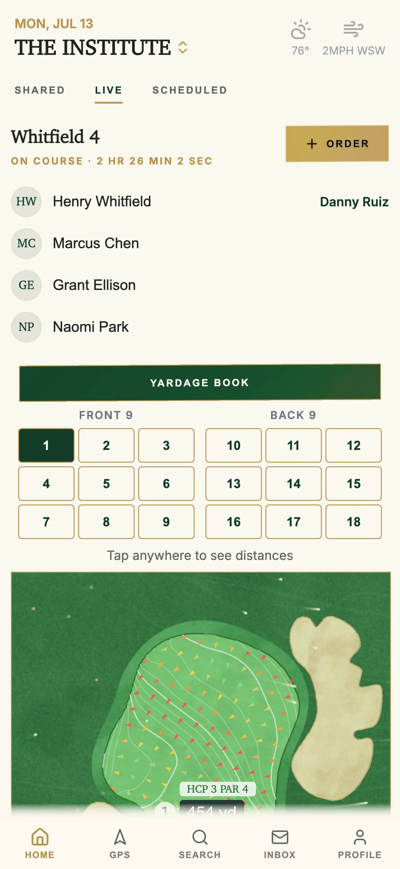 GolfCore club home screen with weather and tee times